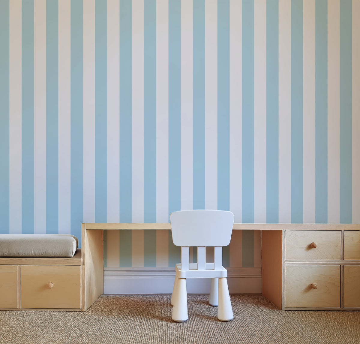 Cloud & Sky – Classic Stripe Wallpaper styled in a kids' room and nursery
