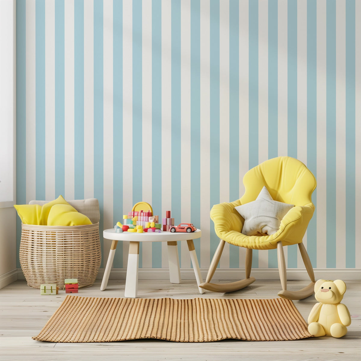 Cloud & Sky – Classic Stripe Wallpaper styled in a kids' room and nursery