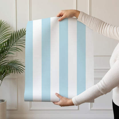 Classic Stripe Wallpaper roll in Cloud & Sky – bold stripes on a sky ground