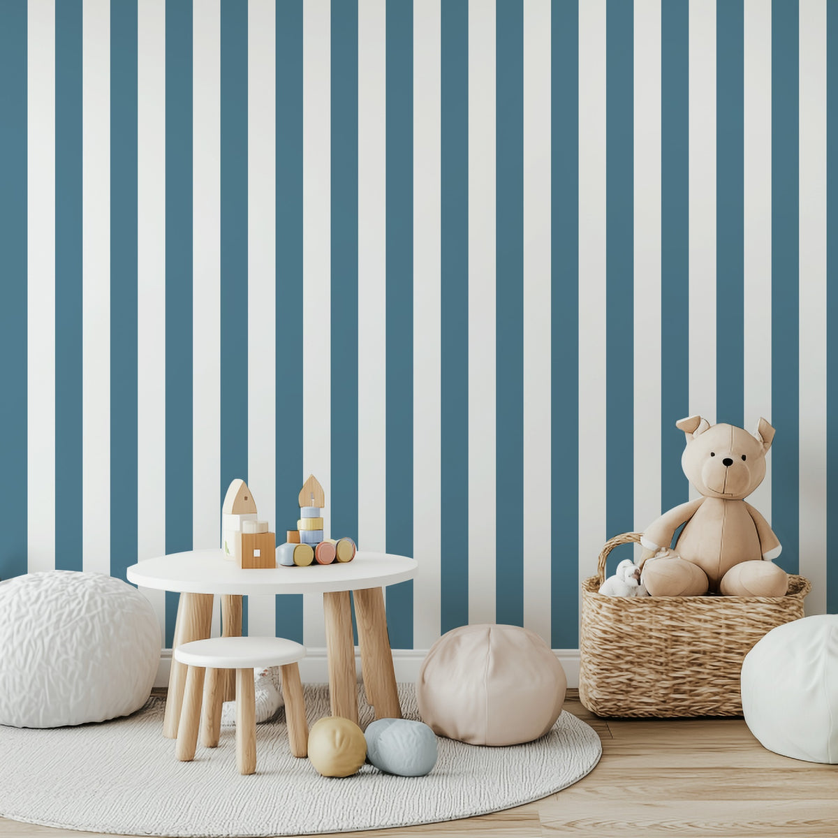 Cloud & Steel Blue – Classic Stripe Wallpaper styled in a kids' room and nursery