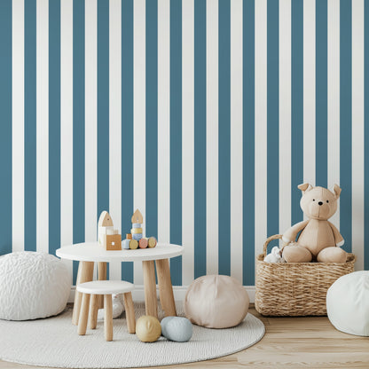 Cloud & Steel Blue – Classic Stripe Wallpaper styled in a kids' room and nursery