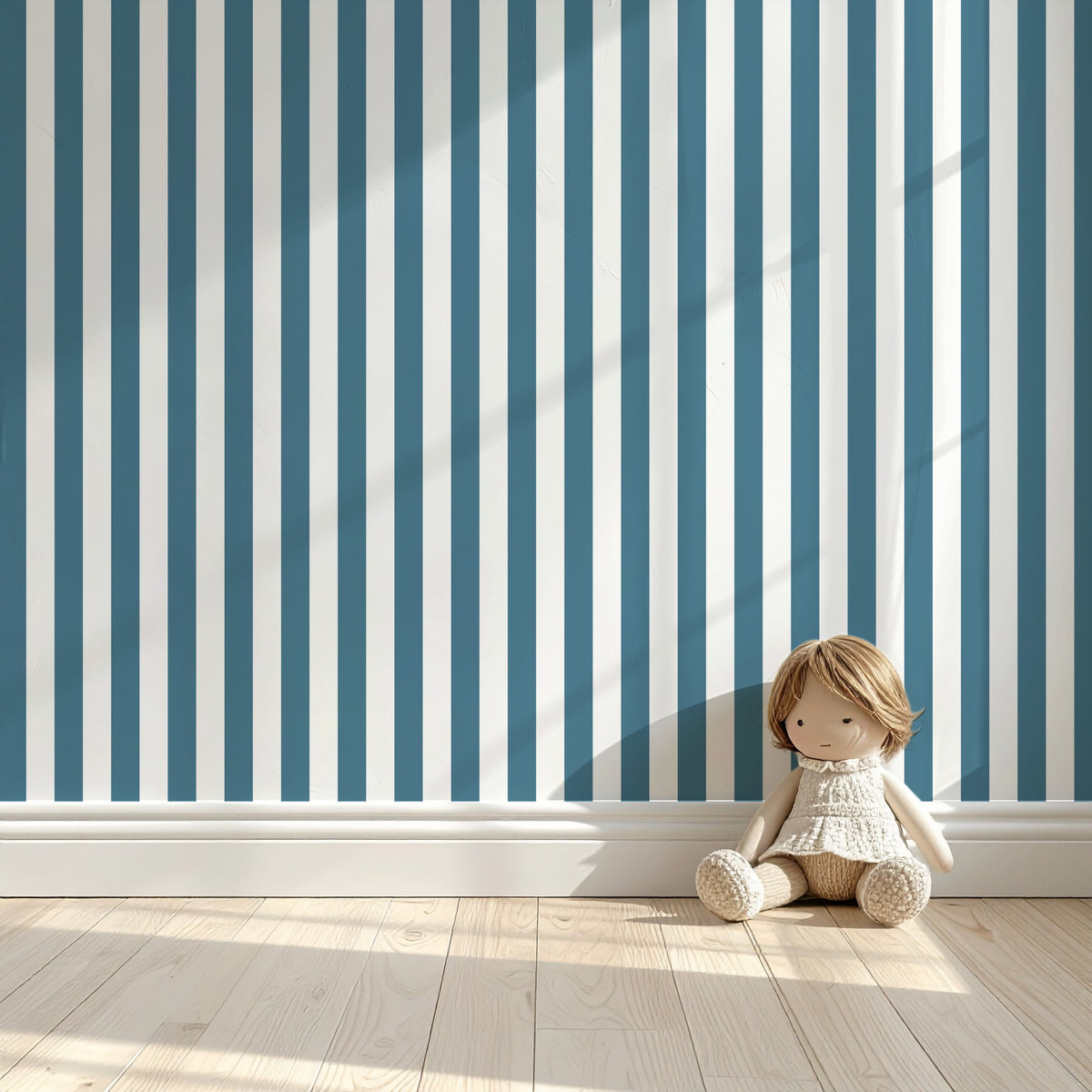 Cloud & Steel Blue – Classic Stripe Wallpaper styled in a kids' room and nursery