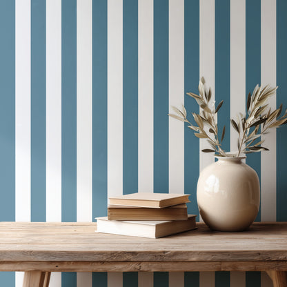 Cloud & Steel Blue – Classic Stripe Wallpaper styled in a hallway and home office