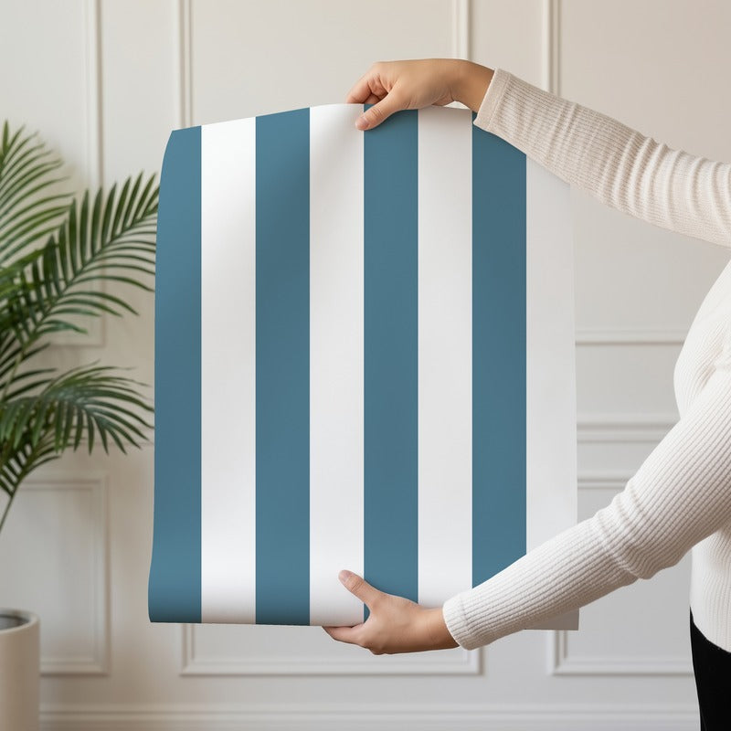 Classic Stripe Wallpaper roll in Cloud & Steel Blue – bold stripes on a steel blue ground