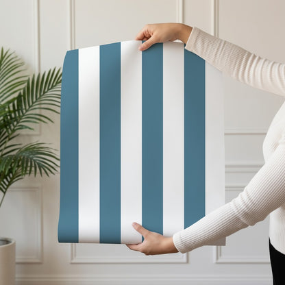 Classic Stripe Wallpaper roll in Cloud & Steel Blue – bold stripes on a steel blue ground