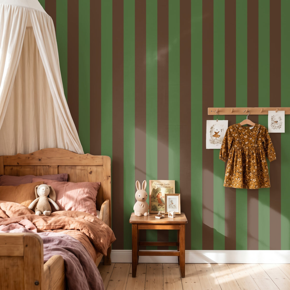Cocoa & Olive – Classic Stripe Wallpaper styled in a kids' room and nursery