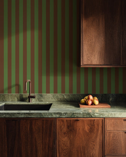 Cocoa & Olive – Classic Stripe Wallpaper styled in a kitchen and dining room