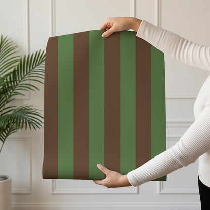 Classic Stripe Wallpaper roll in Cocoa & Olive – bold stripes on an olive ground