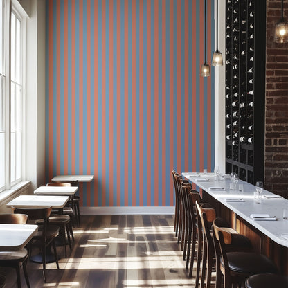 Classic Stripe Wallpaper – Cornflower Blue & Soft Coral styled in a boutique hotel and hospitality space
