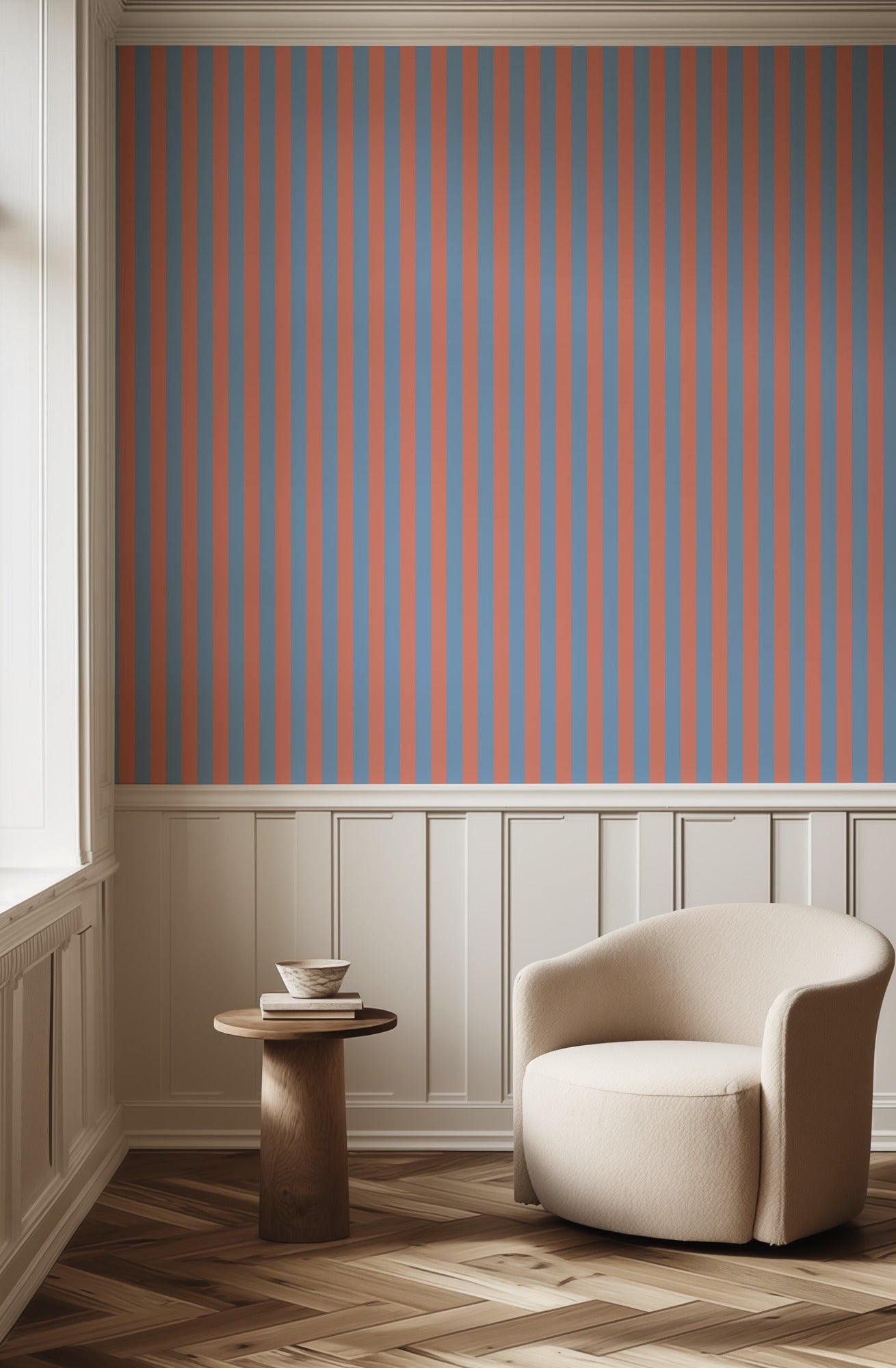 Classic Stripe Wallpaper – Cornflower Blue & Soft Coral styled in a hallway and home office