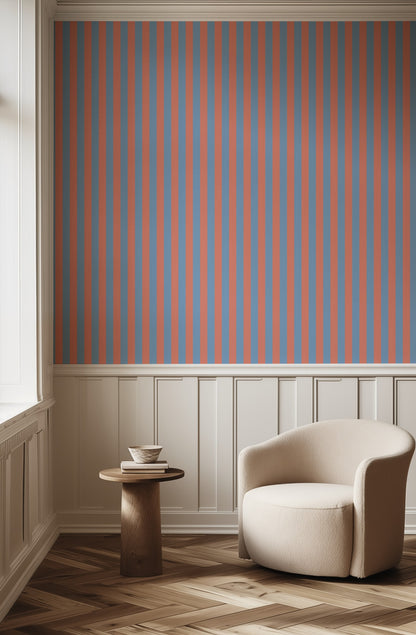 Classic Stripe Wallpaper – Cornflower Blue & Soft Coral styled in a hallway and home office