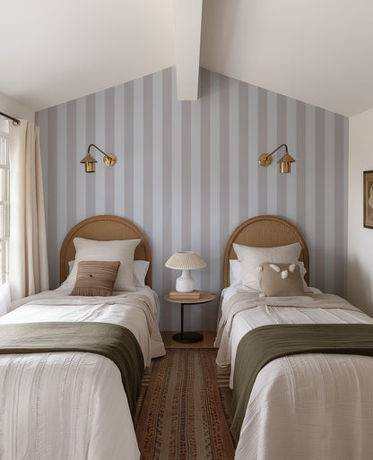 Dove Grey & Powder Blue – Classic Stripe Wallpaper styled in a kids' room and nursery