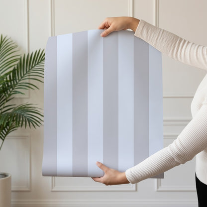 Classic Stripe Wallpaper roll in Dove Grey & Powder Blue – bold stripes on a powder blue ground