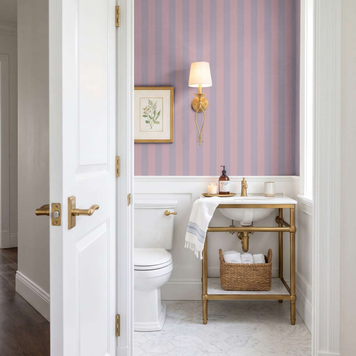 Dusty Lilac & Mauve Rose – Classic Stripe Wallpaper styled in a bathroom