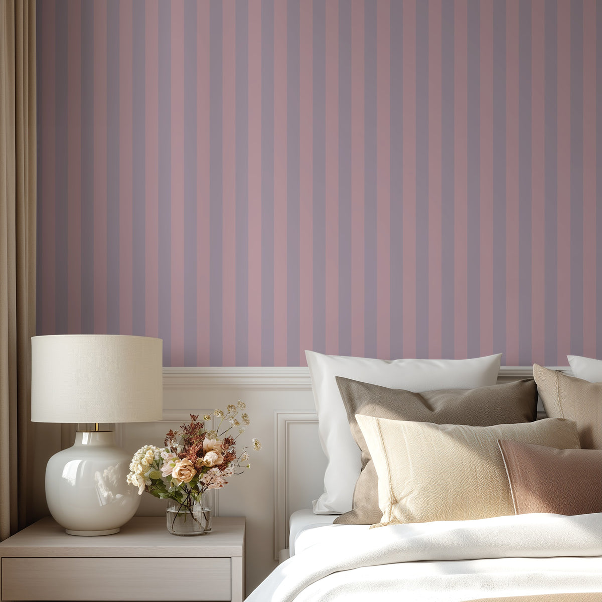 Dusty Lilac & Mauve Rose – Classic Stripe Wallpaper styled in a bedroom