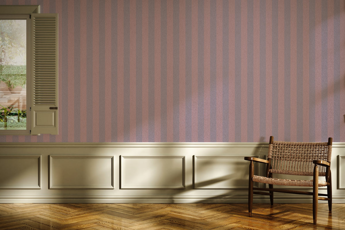 Dusty Lilac & Mauve Rose – Classic Stripe Wallpaper styled in a living room