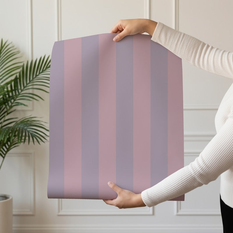 Classic Stripe Wallpaper roll in Dusty Lilac & Mauve Rose – bold stripes on a mauve rose ground