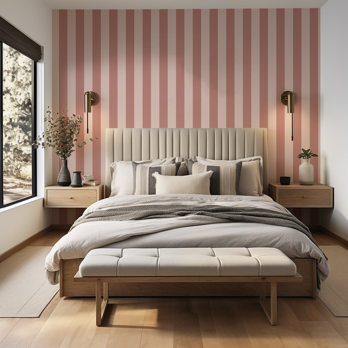 Dusty Rose & Apricot Blush – Classic Stripe Wallpaper styled in a bedroom