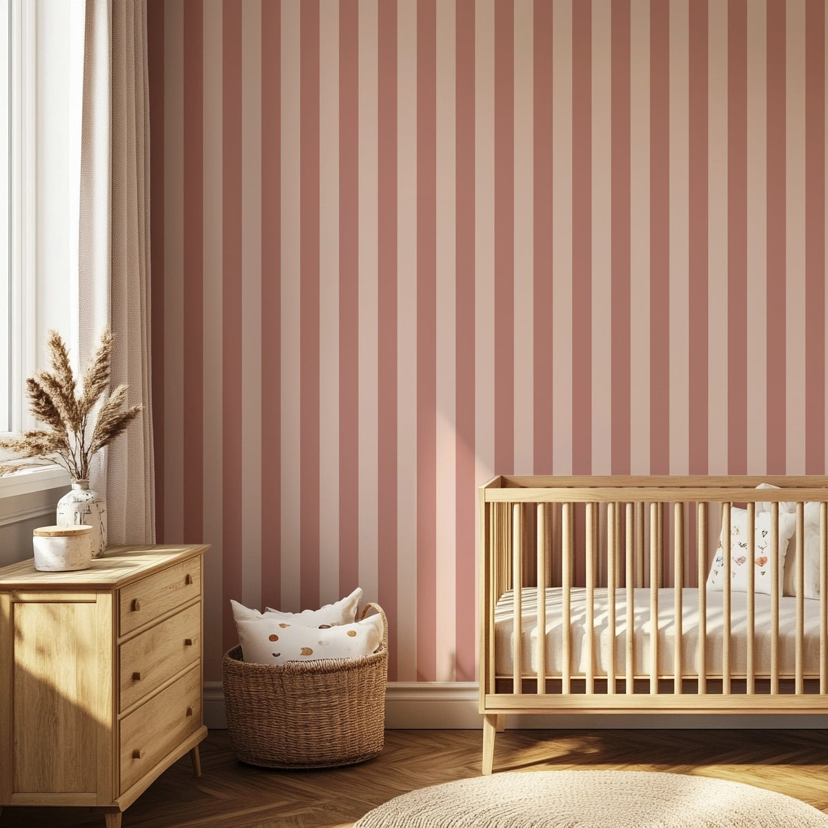 Dusty Rose & Apricot Blush – Classic Stripe Wallpaper styled in a kids' room and nursery