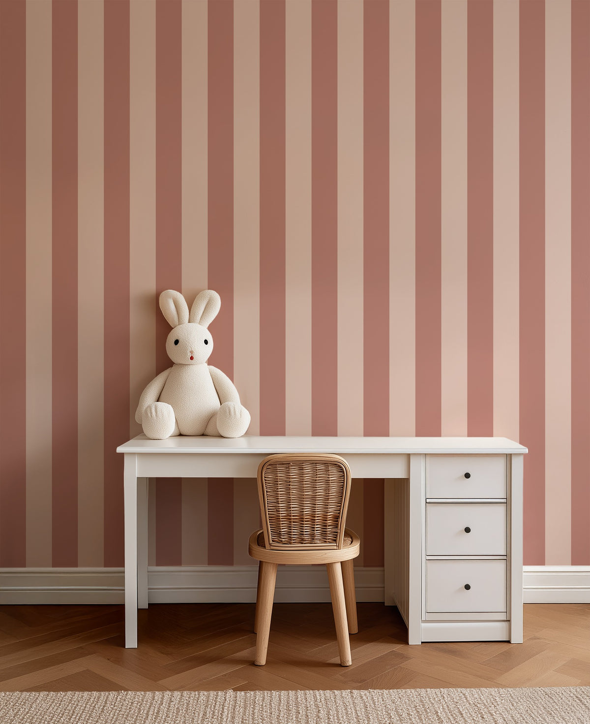 Dusty Rose & Apricot Blush – Classic Stripe Wallpaper styled in a kids' room and nursery