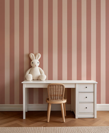 Dusty Rose & Apricot Blush – Classic Stripe Wallpaper styled in a kids' room and nursery
