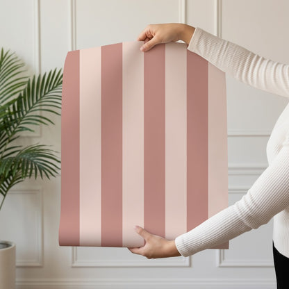Classic Stripe Wallpaper roll in Dusty Rose & Apricot Blush – bold stripes on an apricot blush ground