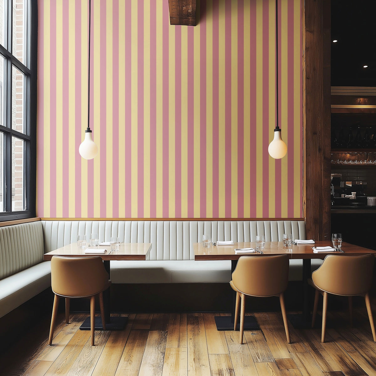 Classic Stripe Wallpaper – Dusty Rose & Buttercream styled in a boutique hotel and hospitality space