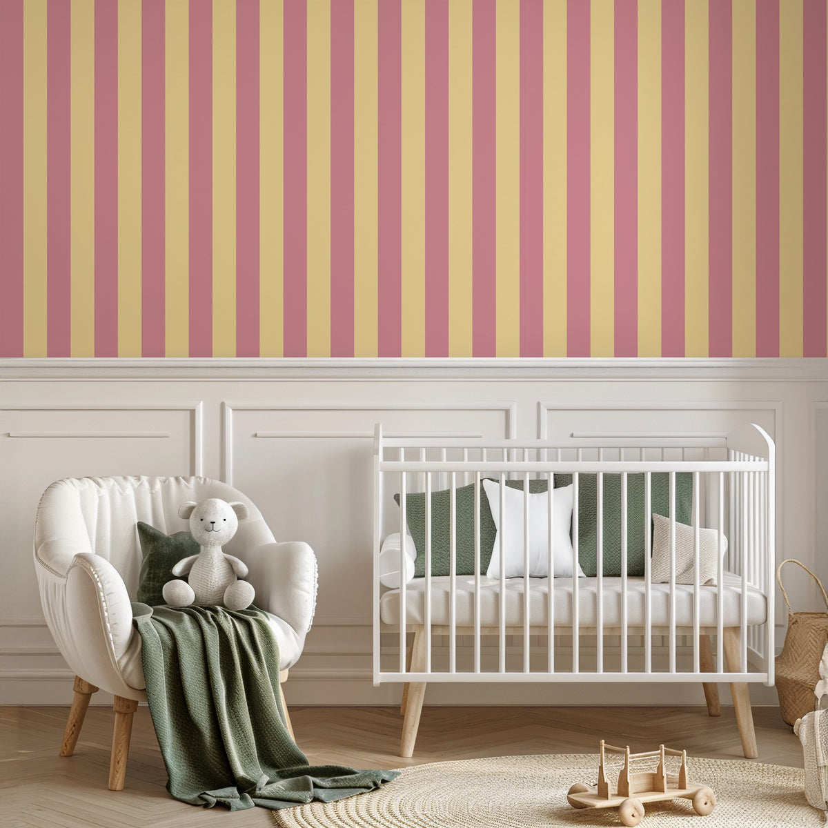 Classic Stripe Wallpaper – Dusty Rose & Buttercream styled in a kids' room and nursery