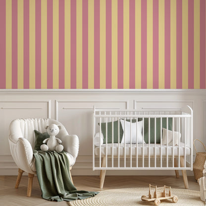 Classic Stripe Wallpaper – Dusty Rose & Buttercream styled in a kids' room and nursery