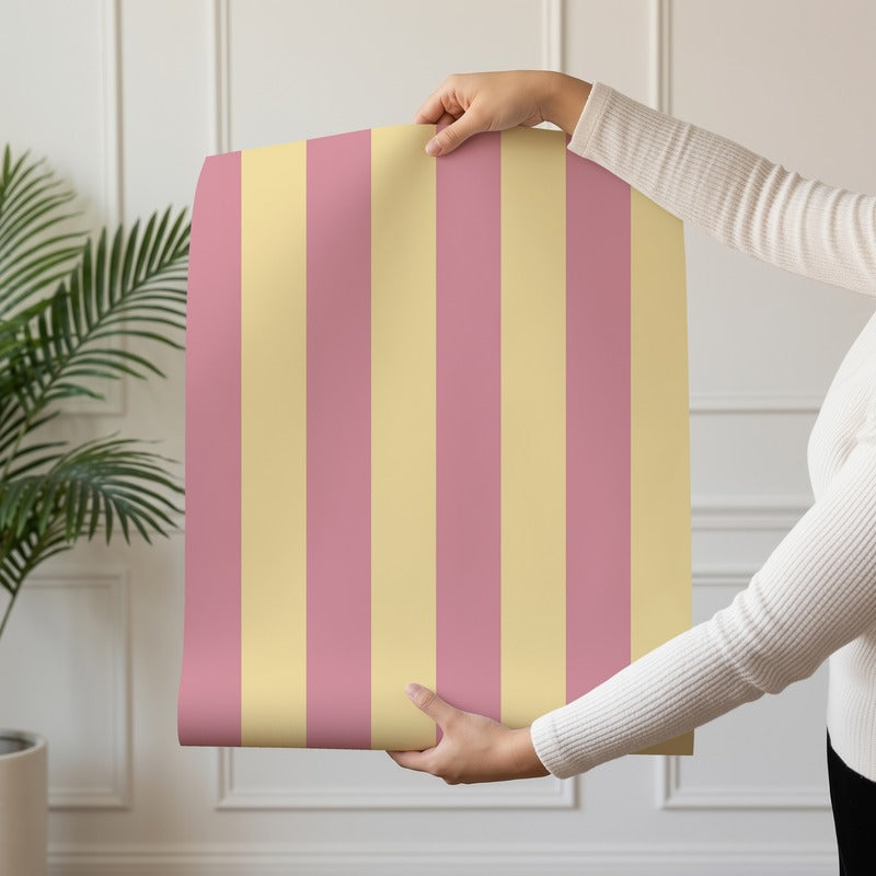 Classic Stripe Wallpaper roll in Dusty Rose & Buttercream – bold stripes on a buttercream ground