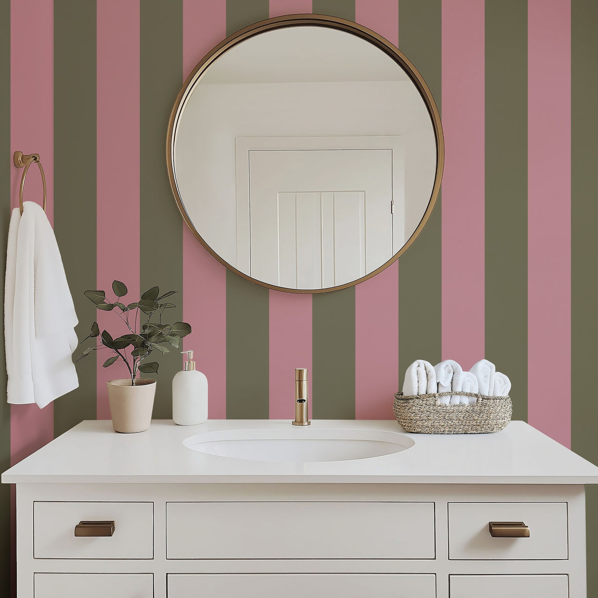 Dusty Rose & Khaki – Classic Stripe Wallpaper styled in a bathroom