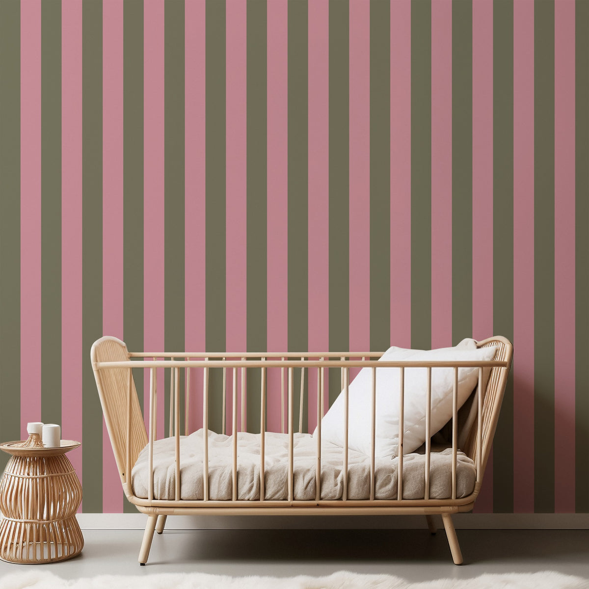 Dusty Rose & Khaki – Classic Stripe Wallpaper styled in a kids' room and nursery