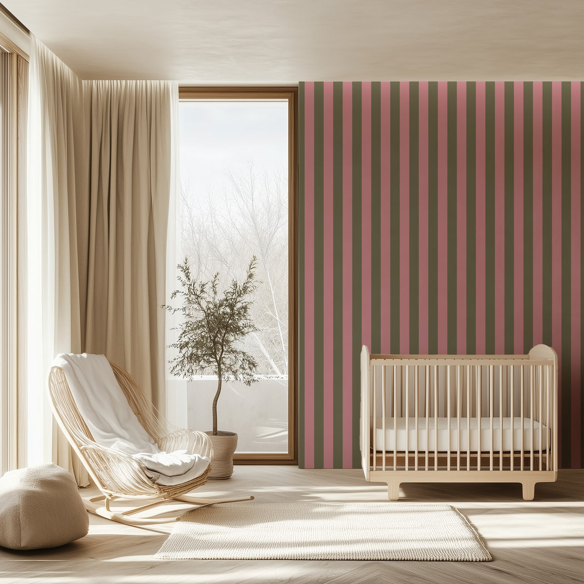 Dusty Rose & Khaki – Classic Stripe Wallpaper styled in a kids' room and nursery