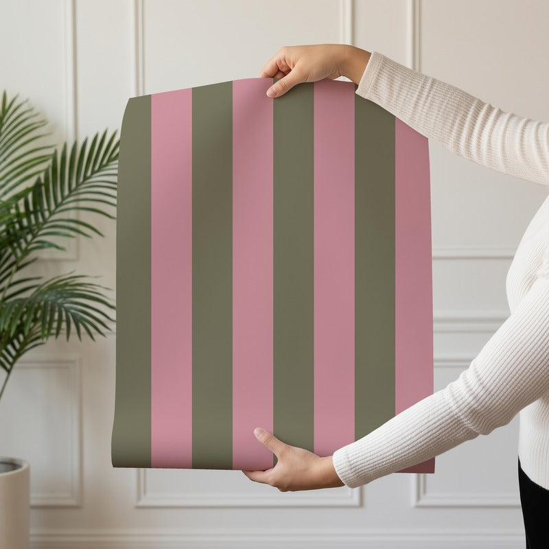 Classic Stripe Wallpaper roll in Dusty Rose & Khaki – bold stripes on a khaki ground