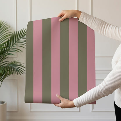 Classic Stripe Wallpaper roll in Dusty Rose & Khaki – bold stripes on a khaki ground