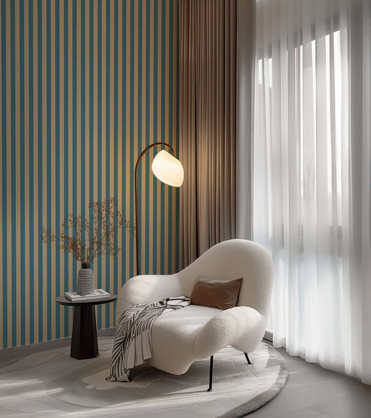 Classic Stripe Wallpaper – Dutch Blue & Warm Sand styled in a hallway and home office