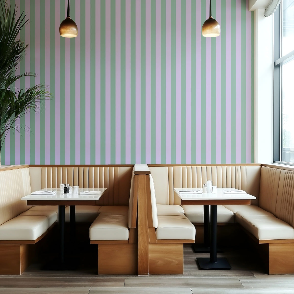 Classic Stripe Wallpaper – Eucalyptus & Soft Lilac styled in a boutique hotel and hospitality space