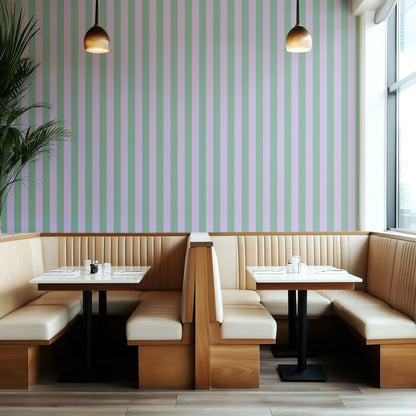 Classic Stripe Wallpaper – Eucalyptus & Soft Lilac styled in a boutique hotel and hospitality space