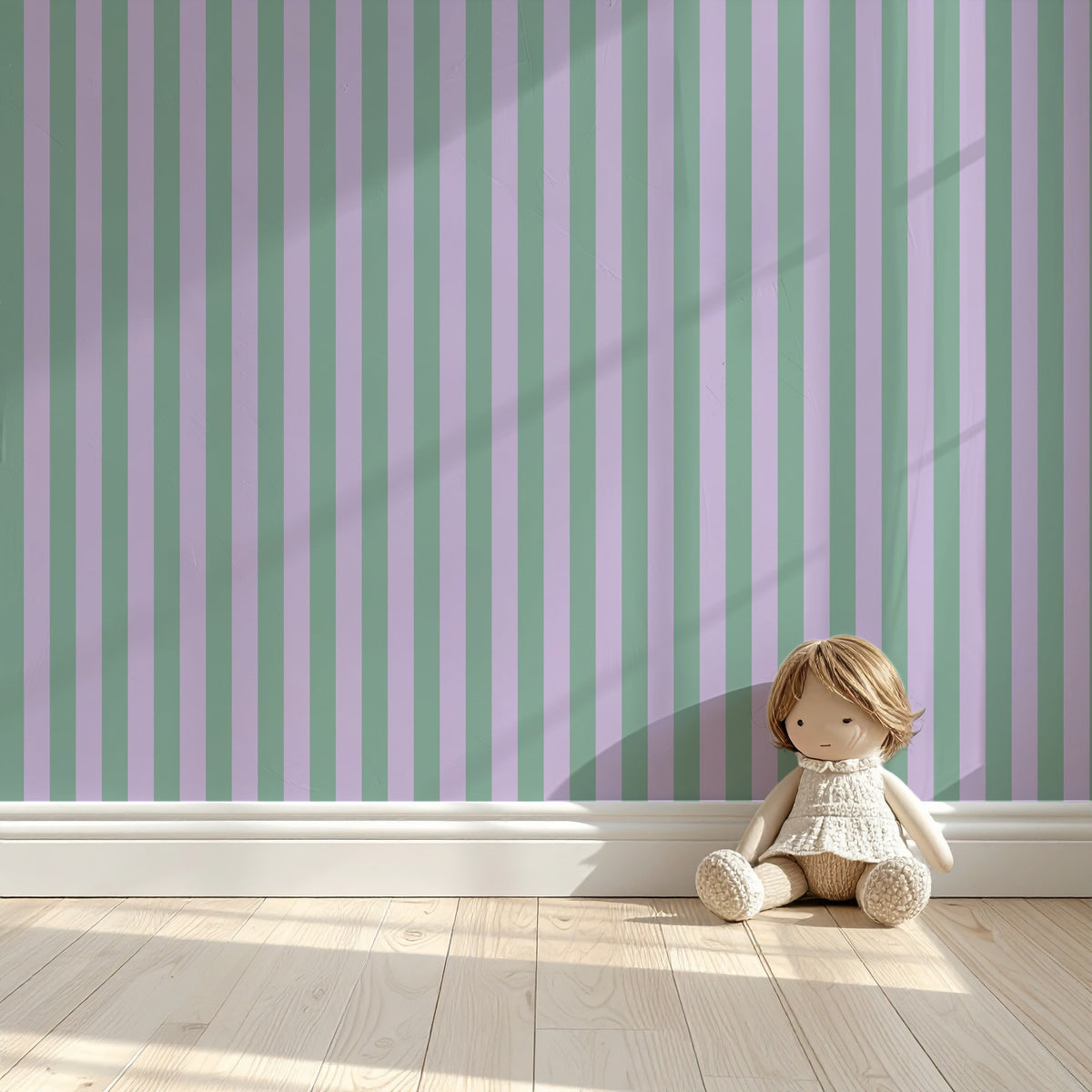 Classic Stripe Wallpaper – Eucalyptus & Soft Lilac styled in a kids' room and nursery