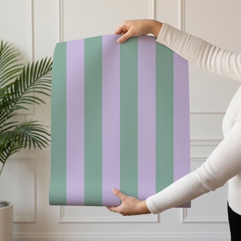 Classic Stripe Wallpaper roll in Eucalyptus & Soft Lilac – bold stripes on a soft lilac ground
