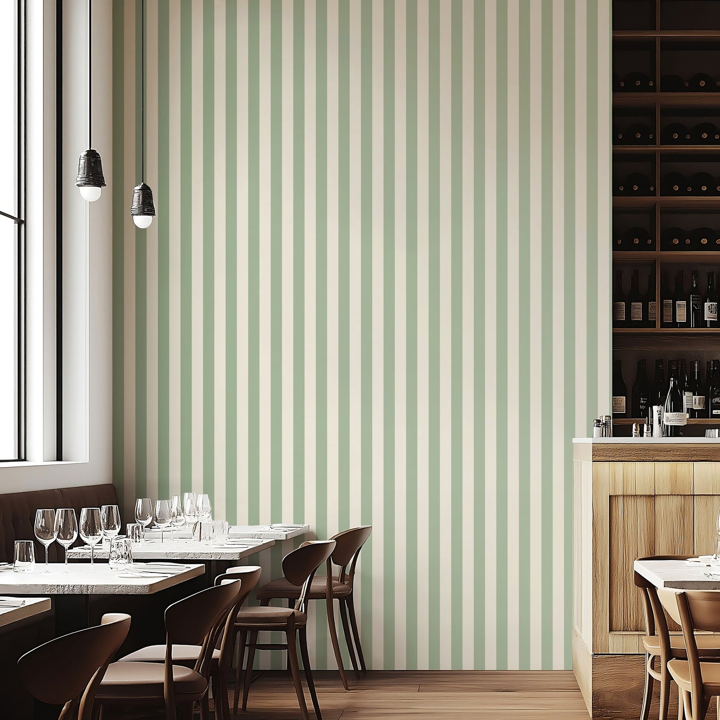Classic Stripe Wallpaper – Gentle Sage & Warm Ivory styled in a boutique hotel and hospitality space