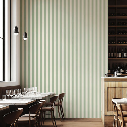 Classic Stripe Wallpaper – Gentle Sage & Warm Ivory styled in a boutique hotel and hospitality space