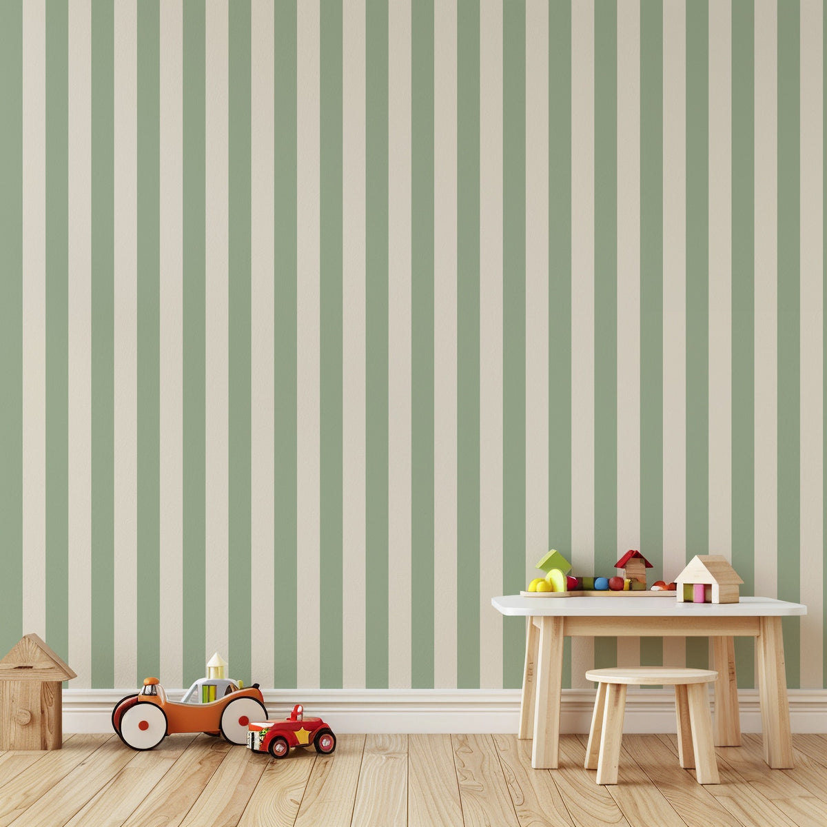 Classic Stripe Wallpaper – Gentle Sage & Warm Ivory styled in a kids' room and nursery