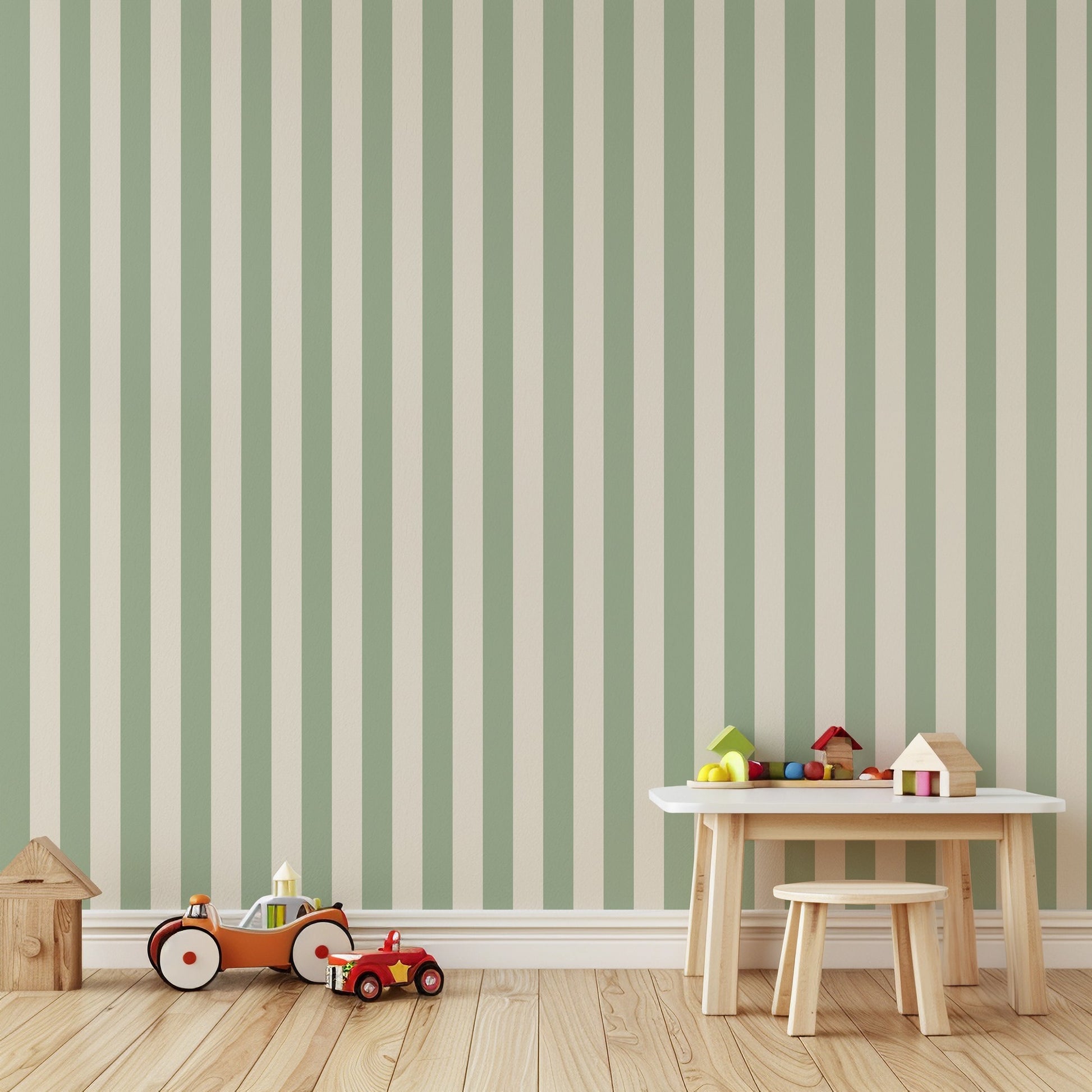 Classic Stripe Wallpaper – Gentle Sage & Warm Ivory styled in a kids' room and nursery