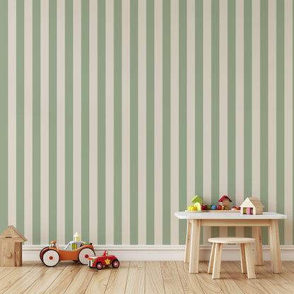 Classic Stripe Wallpaper – Gentle Sage & Warm Ivory styled in a kids' room and nursery
