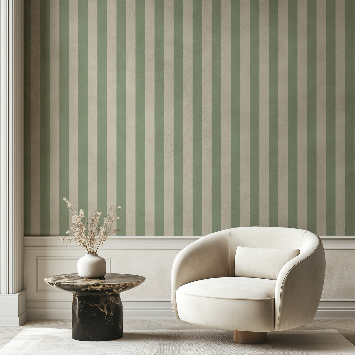 Classic Stripe Wallpaper – Gentle Sage & Warm Ivory styled in a hallway and home office