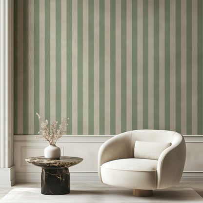 Classic Stripe Wallpaper – Gentle Sage & Warm Ivory styled in a hallway and home office