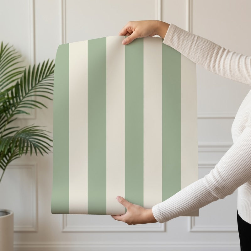 Classic Stripe Wallpaper roll in Gentle Sage & Warm Ivory – bold stripes on a warm ivory ground