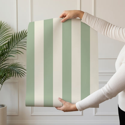 Classic Stripe Wallpaper roll in Gentle Sage & Warm Ivory – bold stripes on a warm ivory ground