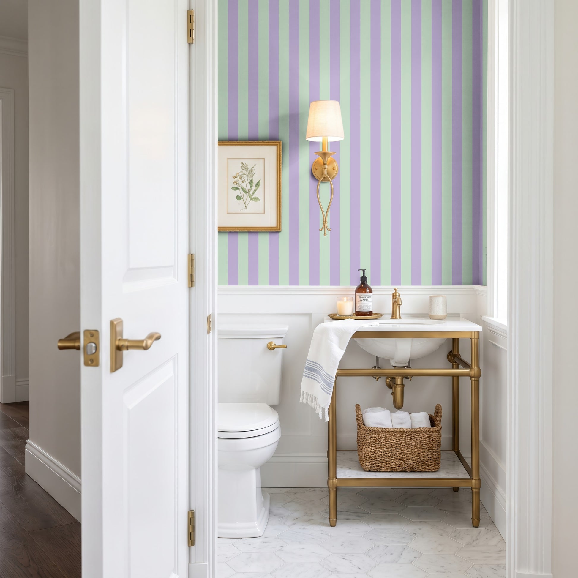 Classic Stripe Wallpaper – Lavender Mist & Mint styled in a bathroom and laundry